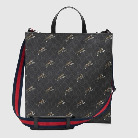 Gucci Tote Bag Shoulder Black Gray Silver Tiger Print Stripe Canvas Leather - Picture 3 of 7